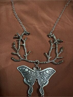 Silver Branch & Moth Pendant Necklace - Moon Jewelry - Cottagecore Bohemian